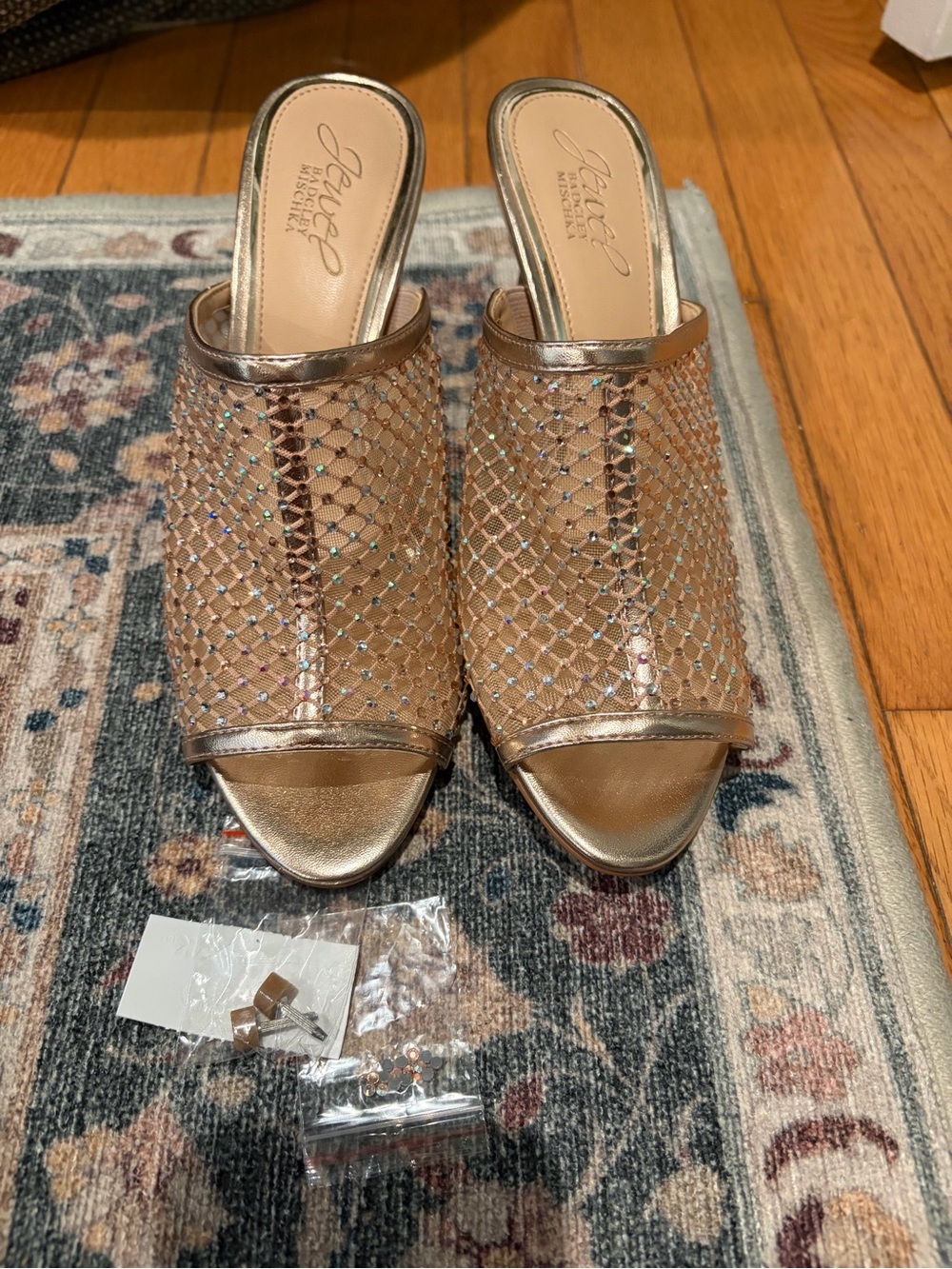 Jewel by Badgley Mischka Rose Gold Mesh Crystal Peep-Toe Mule Heels size 6.5 - Picture 3 of 6
